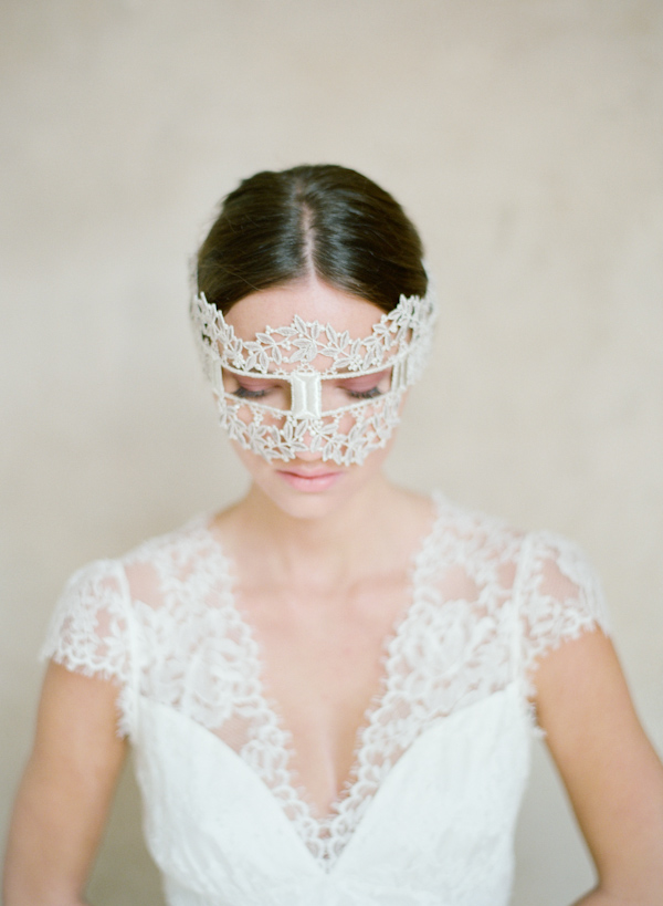 Bride with lace mask and dress, photo by Elizabeth Messina Photography